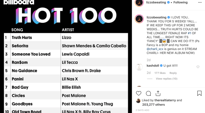 Lizzo “Truth Hurts” sits 5 weeks at No. 1